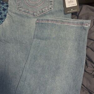 Light Blue True Religion Women's Jeans with Subtle Pink Stitching